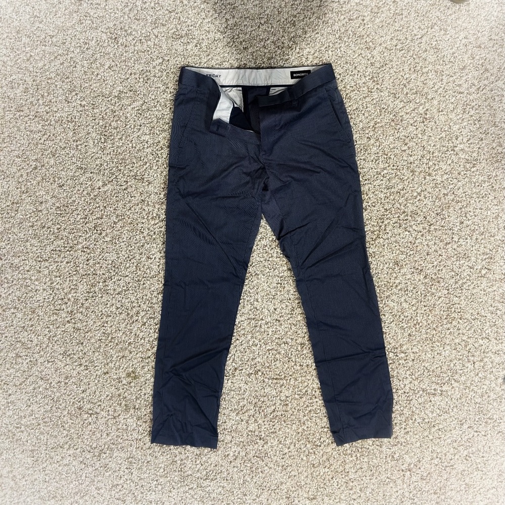 Mens Bonobos Friday Blue Striped Cotton Flat Front Chinos. Tailored Fit